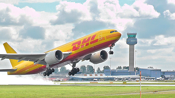 DHL plane taking off from East Midlands Airport, UK