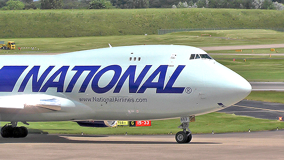 A National 747 prepares to depart from Birmingham Airport, UK