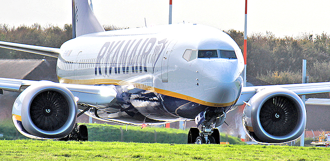 A Ryanair plane taxiing at Birmingham, UK