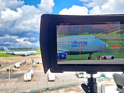 Viewfinder monitor showing a Silkway 747 on the ground at Birmingham Airport, UK